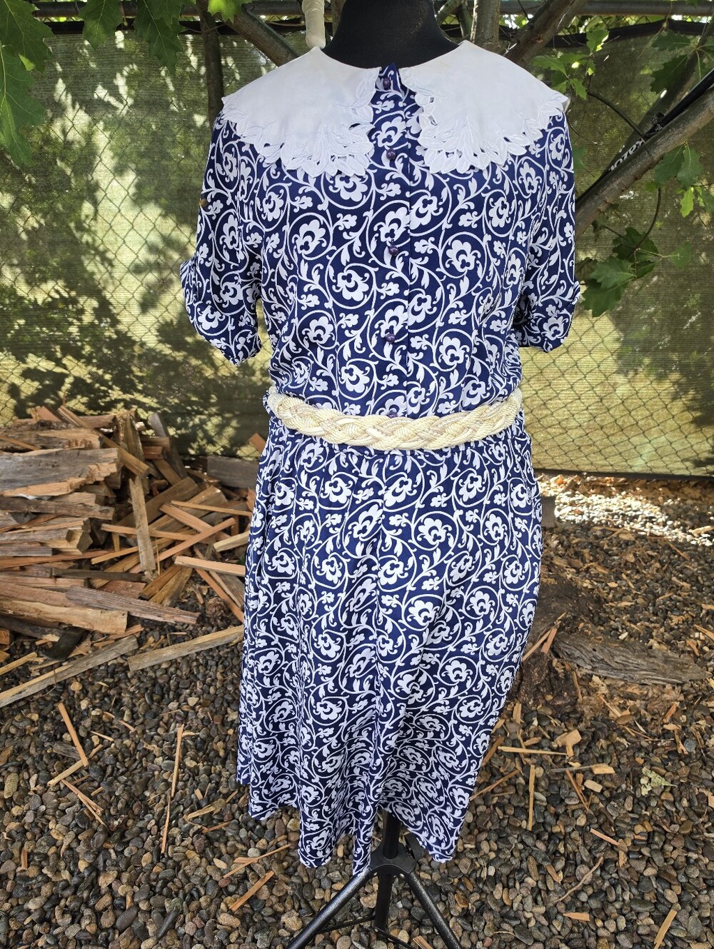 Vtg 80's Navy Blue White Floral Midi Dress Prairie Secretarial Librarian Chic
